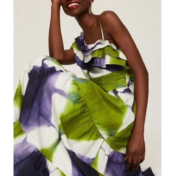 Busayo One Shoulder Ruffle Tie Dye Maxi Purple White and Green Dress - 0 - Picture 2 of 12